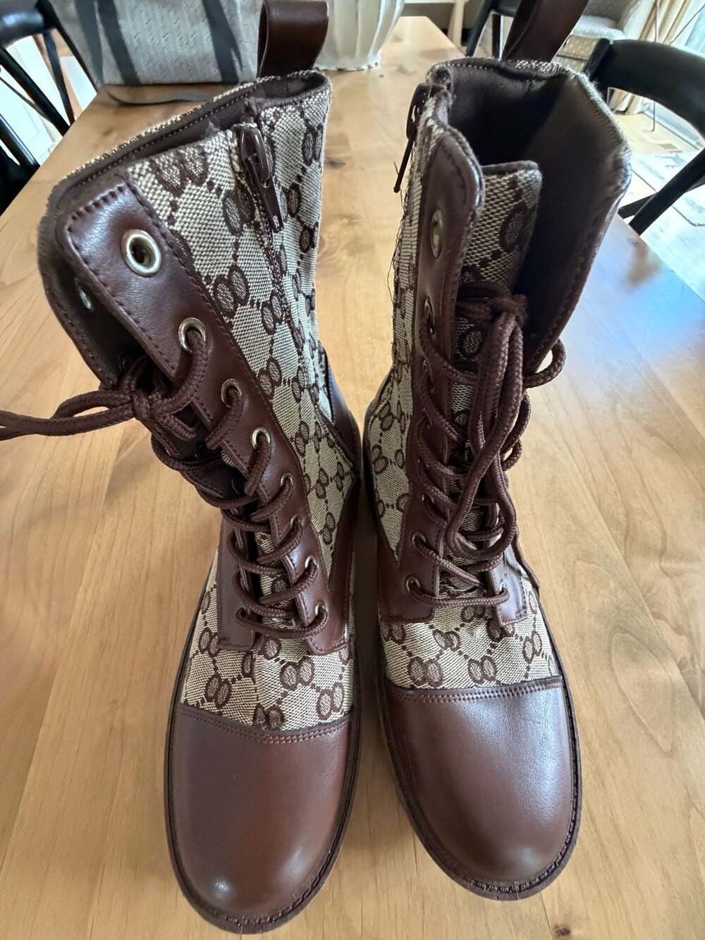 Rouge Brown GG Pattern Faux Leather Chunky Platform Combat Boots Sz 10